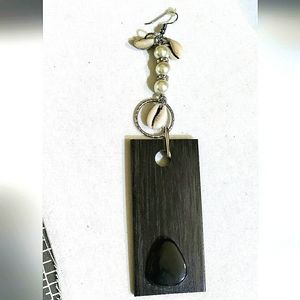 Handcrafted Single Earring! Black Onyx, Faux Black Madera Wood & Pearls, Cowries